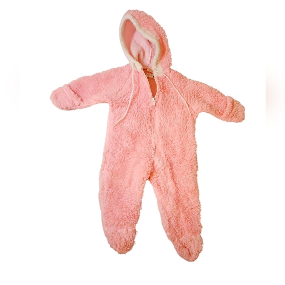 Pink Fleece Baby Onesie - Vintage 80s - Obion - 0-9 Months
